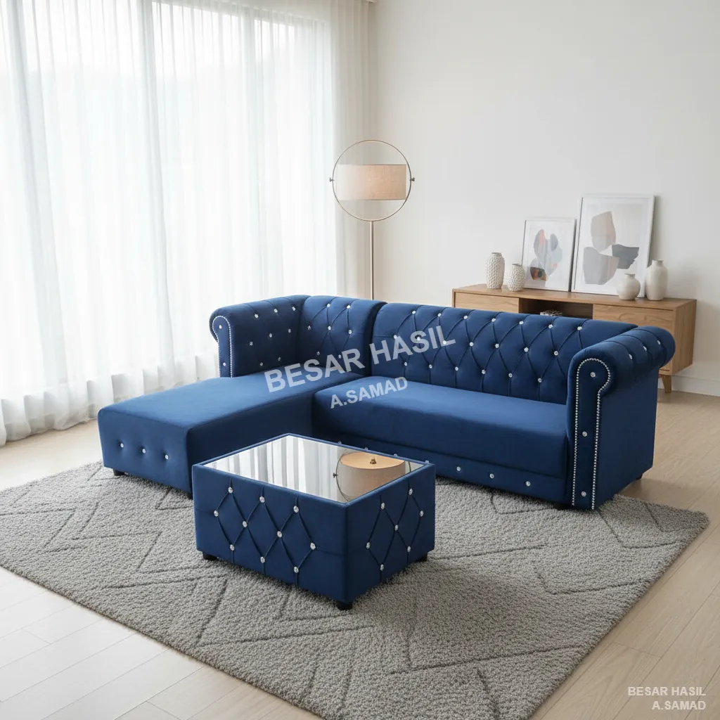 Crystal-Tufted L-Navy Blue Velvet Sectional and Coffee Table Set