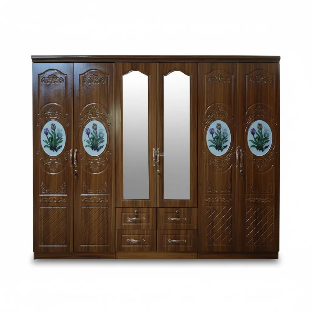 Ornate 6-Door Floral Wardrobe with Mirrors